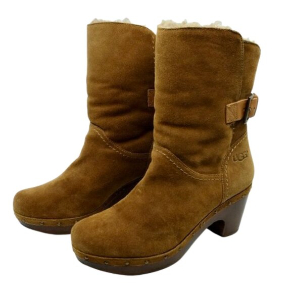 UGG~Amoret~Women's Shearling Clog Booties~CHESTNUT BROWN SUEDE BOOTS SIZE 9 - Picture 1 of 5